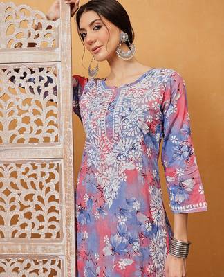 Hand embroidered floral printed carrot pink and blue cotton lucknowi chikankari co-ord set 6
