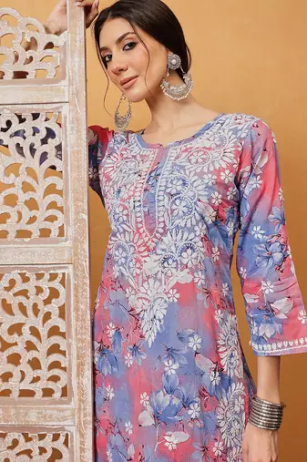Hand embroidered floral printed carrot pink and blue cotton lucknowi chikankari co-ord set
