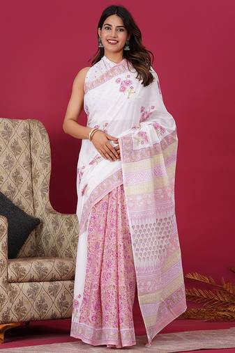 White pink hand block floral and buti print cotton saree with blouse