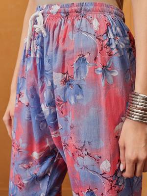 Hand embroidered floral printed carrot pink and blue cotton lucknowi chikankari co-ord set 7