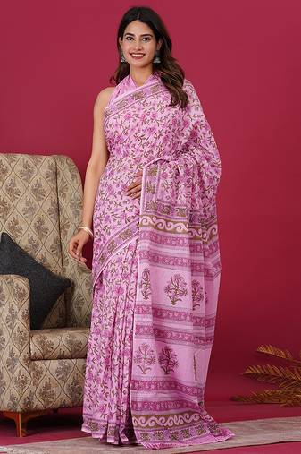 Pink hand block floral and buti print cotton saree with blouse