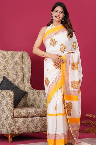 White yellow hand block floral and buti print cotton saree with blouse