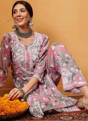 Hand embroidered floral printed pink and grey cotton lucknowi chikankari co-ord set 6