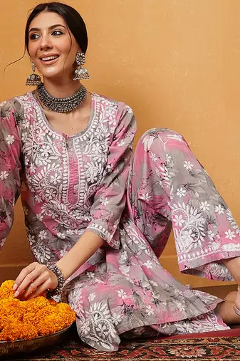 Hand embroidered floral printed pink and grey cotton lucknowi chikankari co-ord set