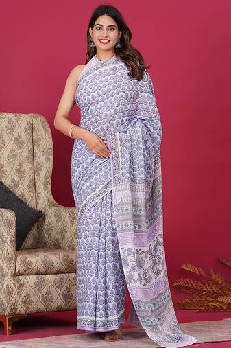 Light turquoise hand block floral and buti print cotton saree with blouse