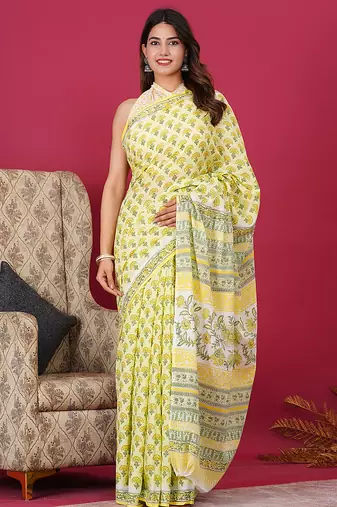 Light yellow hand block floral and buti print cotton saree with blouse