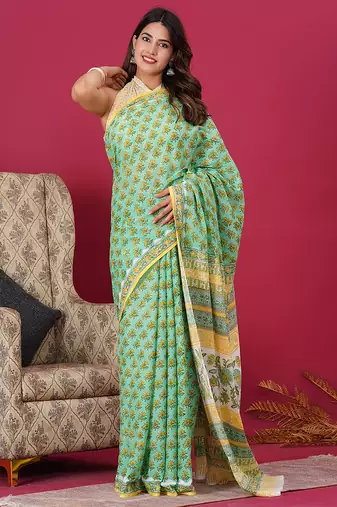 Light green hand block floral and buti print cotton saree with blouse