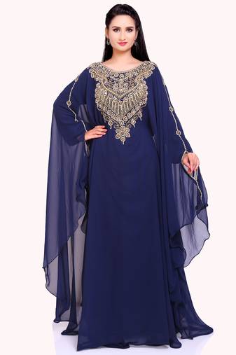 Navy Blue Stitched Kaftan with Handcrafted Zari & Stone Embellishments Dresses