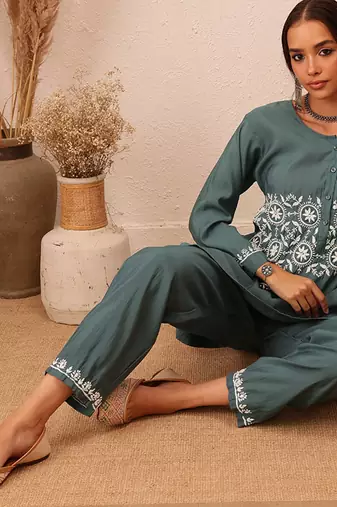 Hand embroidered slate grey cotton lucknowi chikankari co-ord set