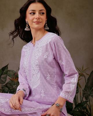 Hand embroidered lavender cotton lucknowi chikankari co-ord set 6