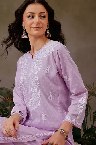 Hand embroidered lavender cotton lucknowi chikankari co-ord set