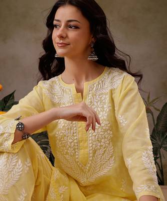 Hand embroidered yellow cotton lucknowi chikankari co-ord set 6
