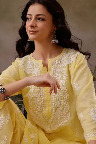 Hand embroidered yellow cotton lucknowi chikankari co-ord set