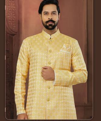 Yellow Banarasi Jackard Havy Classic With Fancy Button For Mens 2
