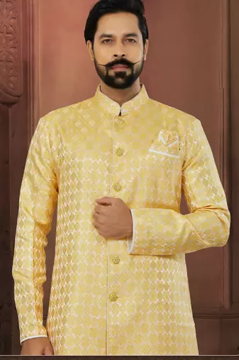 Yellow Banarasi Jackard Havy Classic With Fancy Button For Mens