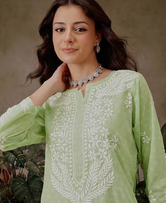 Hand embroidered liril geen cotton lucknowi chikankari co-ord set 6