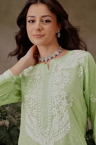 Hand embroidered liril geen cotton lucknowi chikankari co-ord set