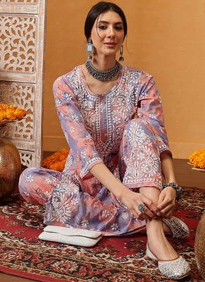 Hand embroidered floral printed peach and purple cotton lucknowi chikankari co-ord set 6