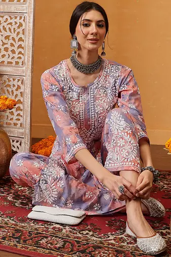 Hand embroidered floral printed peach and purple cotton lucknowi chikankari co-ord set
