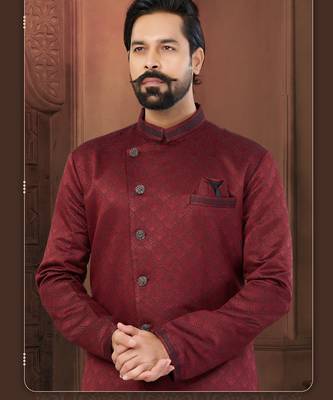 Maroon Soft Jackard Havy Classic Indowestern With Fancy Button For Mens 2