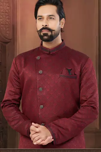 Maroon Soft Jackard Havy Classic Indowestern With Fancy Button For Mens