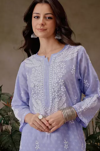 Hand embroidered mauve cotton lucknowi chikankari co-ord set