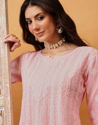 Hand embroidered pink cotton lucknowi chikankari anarkali a-line kurta 6