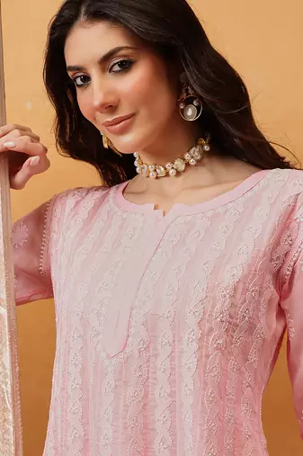 Hand embroidered pink cotton lucknowi chikankari anarkali a-line kurta