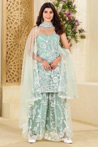 Pastel Green Sequins Embroidery Work Net Kurta Palazzo Set with Dupatta