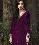 Wine velvet embroidered kurta & pant set