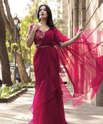 Pink organza plain saree with embroidered blouse & belt 1
