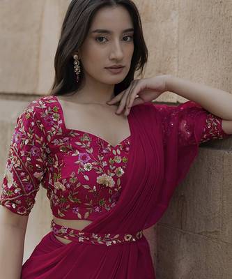 Pink organza plain saree with embroidered blouse & belt 2