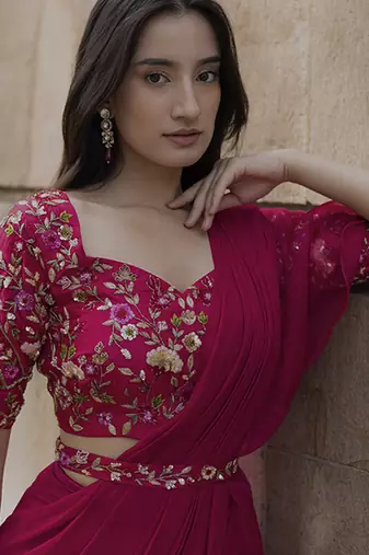 Pink organza plain saree with embroidered blouse & belt