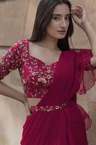 Pink organza plain saree with embroidered blouse & belt