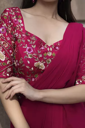Pink organza plain saree with embroidered blouse & belt