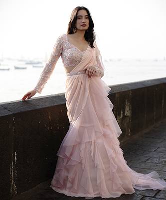 Pink organza plain saree with embroidered blouse & belt 1