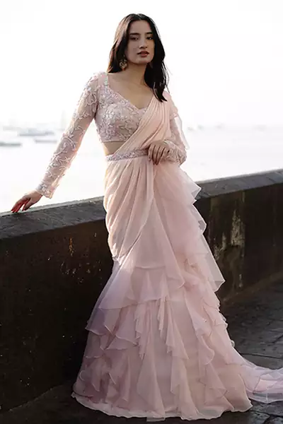 Pink organza plain saree with embroidered blouse & belt