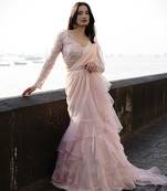 Pink organza plain saree with embroidered blouse & belt