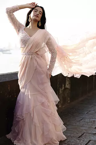 Pink organza plain saree with embroidered blouse & belt