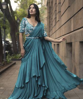 Blue satin plain saree with embroidered blouse & belt 1