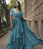 Blue satin plain saree with embroidered blouse & belt