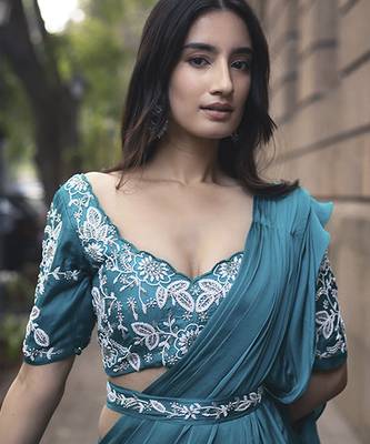 Blue satin plain saree with embroidered blouse & belt 2