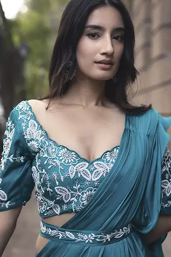 Blue satin plain saree with embroidered blouse & belt