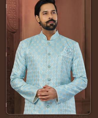 Sky Blue Banarasi Jackard Havy Classic With Fancy Button For Mens 2