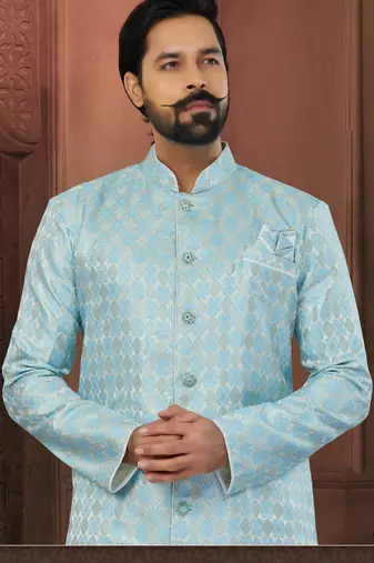 Sky Blue Banarasi Jackard Havy Classic With Fancy Button For Mens