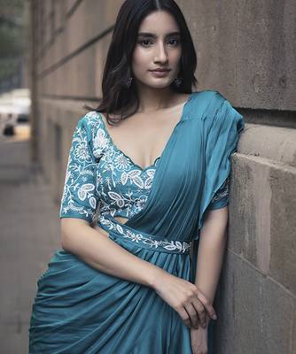 Blue satin plain saree with embroidered blouse & belt 5