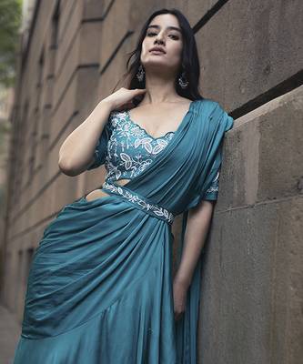 Blue satin plain saree with embroidered blouse & belt 6