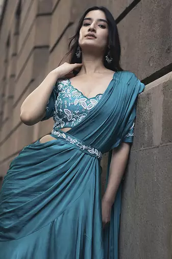 Blue satin plain saree with embroidered blouse & belt