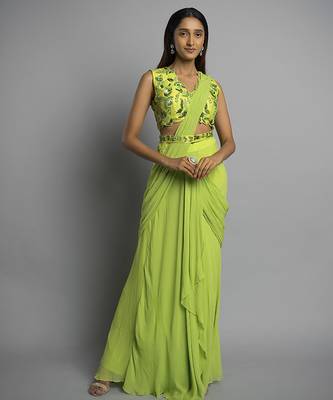 Green georgette plain saree with embroidered blouse & belt 1