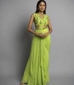 Green georgette plain saree with embroidered blouse & belt